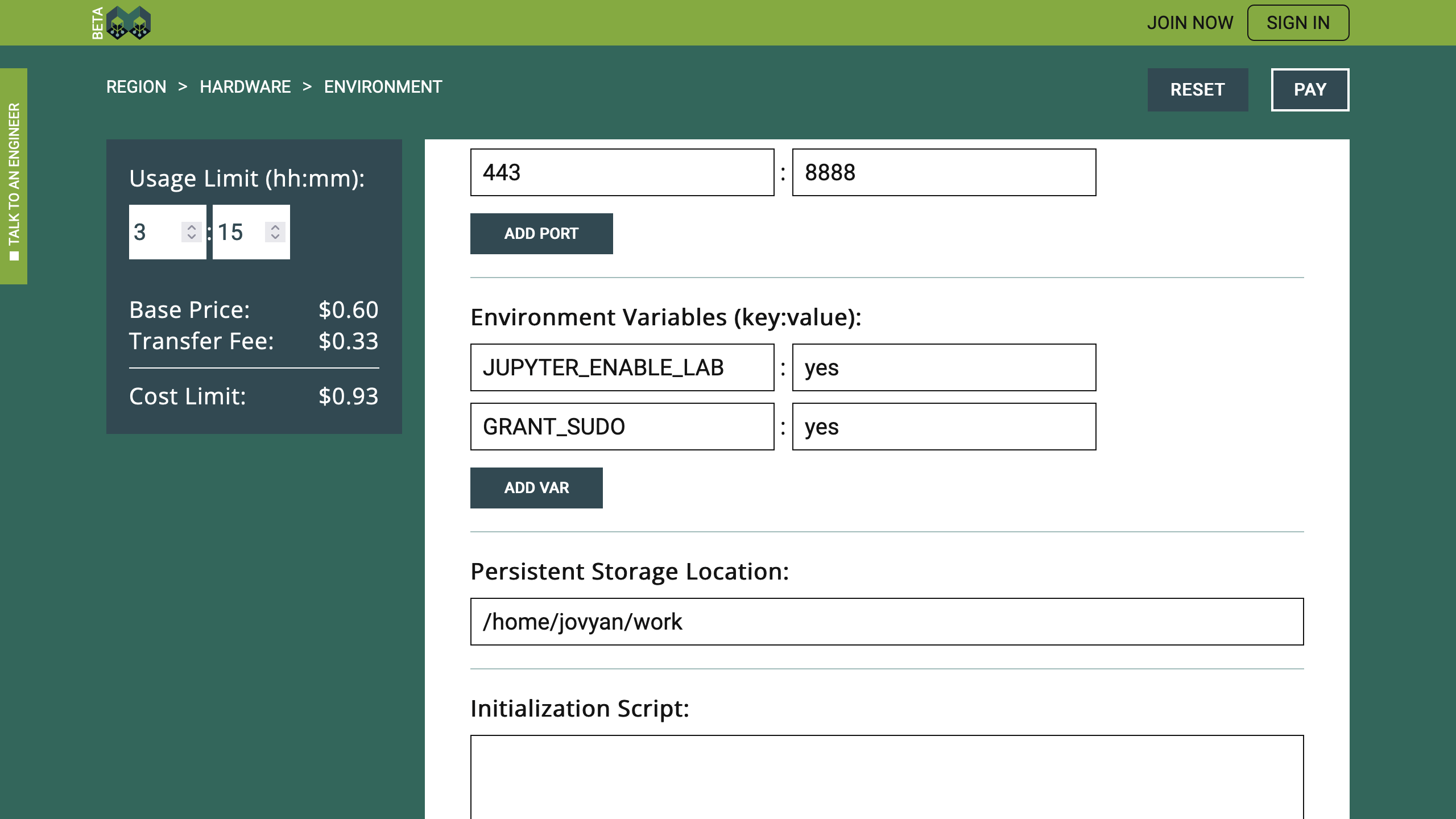 Environment Variables and Persistent Storage Location Selection Example