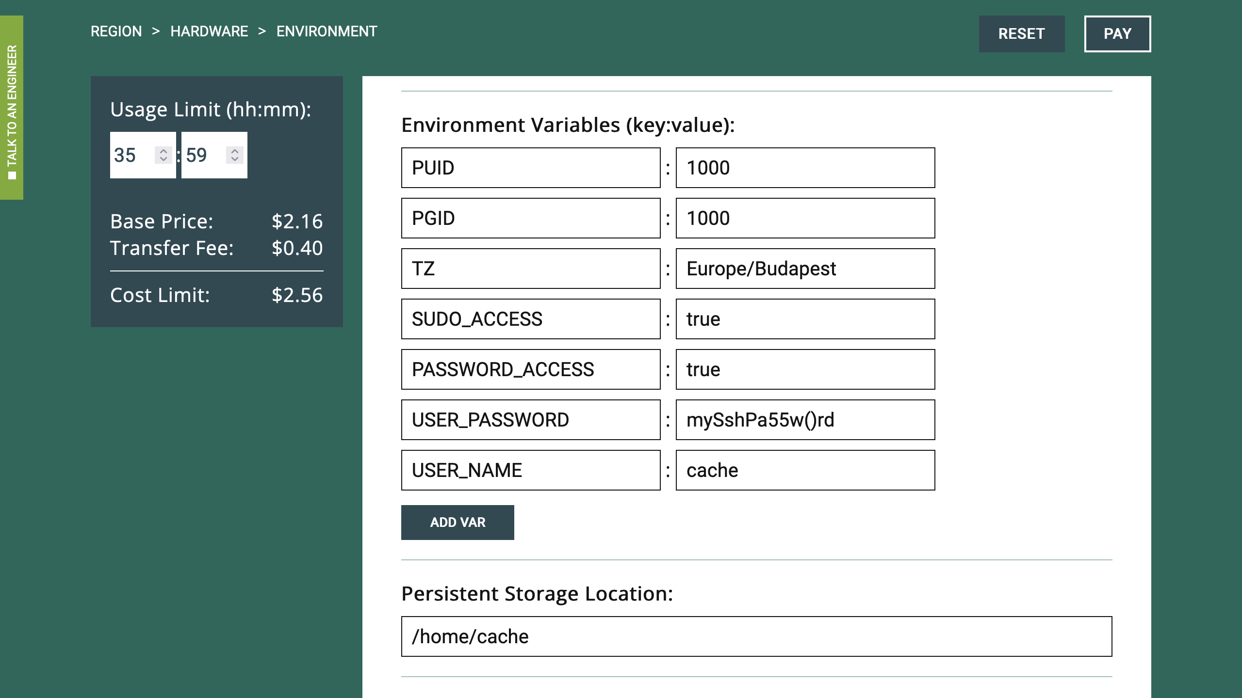 Environment Variables and Persistent Storage Location Selection Example